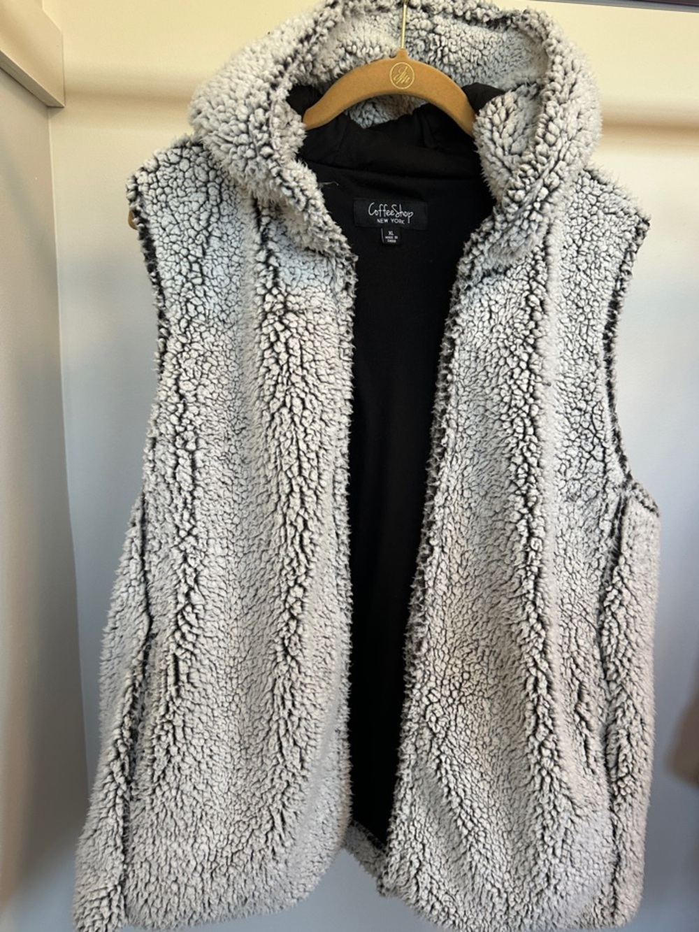 CoffeeShop Cream Sherpa Hooded Vest with Black Lining